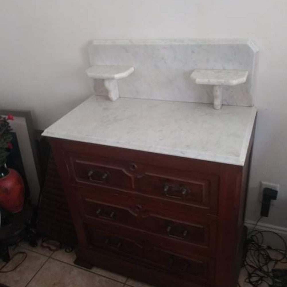 Antique Victorian walnut and marble wash stand with 3 drawers